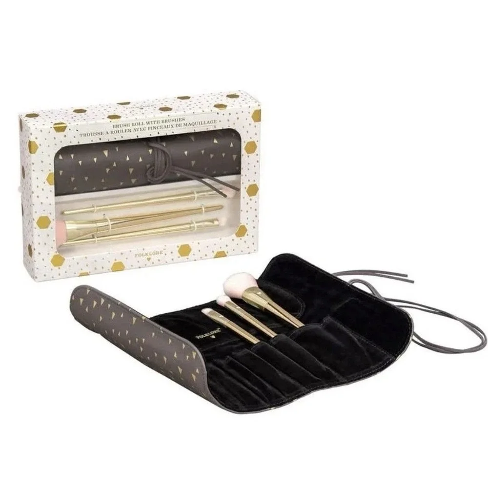 Folklore Makeup Brush Roll 4pc Gold Brushes Set NIB Gift Beauty Cosmetics Travel